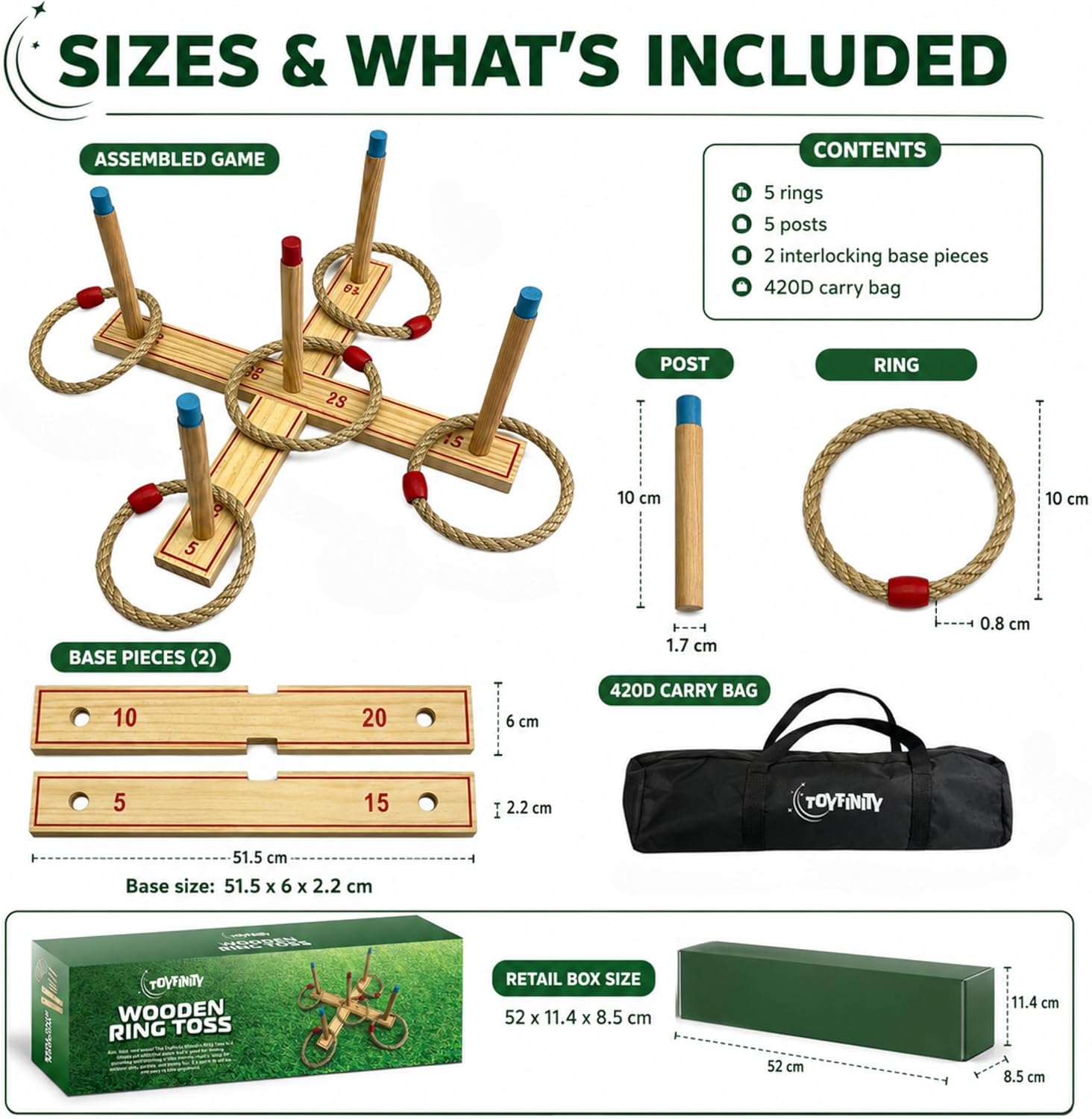 Wooden Ring Toss Game, FSC Pine Wood Garden Game Set with 5 Rings and Carry Bag, Outdoor Family Party Play
