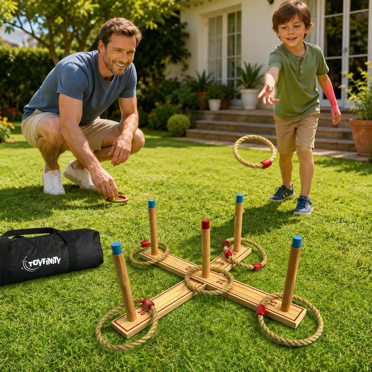 Wooden Ring Toss Game, FSC Pine Wood Garden Game Set with 5 Rings and Carry Bag, Outdoor Family Party Play