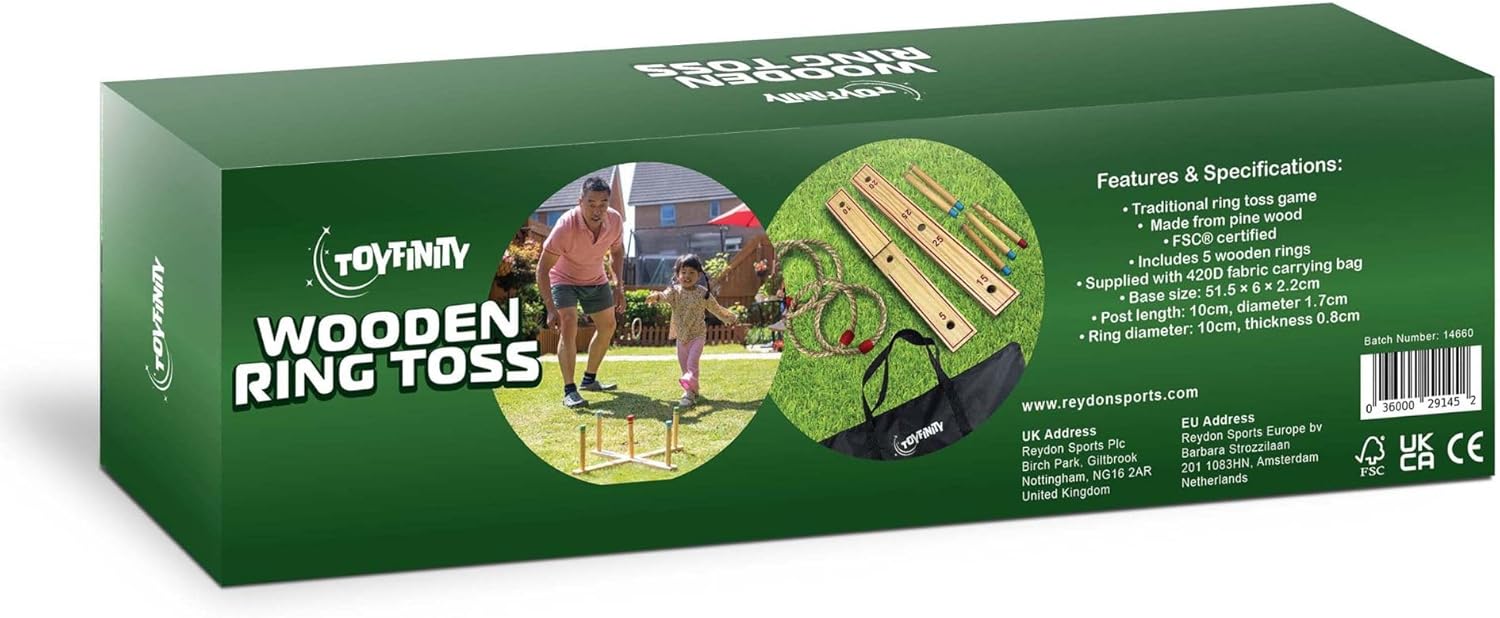 Wooden Ring Toss Game, FSC Pine Wood Garden Game Set with 5 Rings and Carry Bag, Outdoor Family Party Play