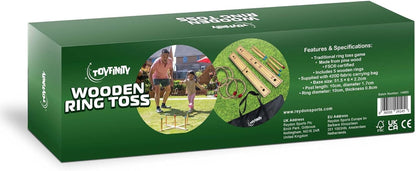 Wooden Ring Toss Game, FSC Pine Wood Garden Game Set with 5 Rings and Carry Bag, Outdoor Family Party Play