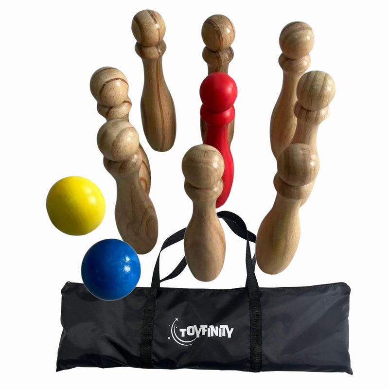 Wooden Bowling Set, FSC Wood Skittles Game with 9 Pins, 2 Balls and Carry Bag, Indoor Outdoor Family Garden Fun for Parties and Playtime