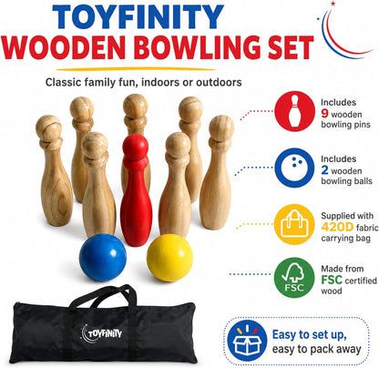 Wooden Bowling Set, FSC Wood Skittles Game with 9 Pins, 2 Balls and Carry Bag, Indoor Outdoor Family Garden Fun for Parties and Playtime
