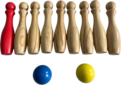 Wooden Bowling Set, FSC Wood Skittles Game with 9 Pins, 2 Balls and Carry Bag, Indoor Outdoor Family Garden Fun for Parties and Playtime