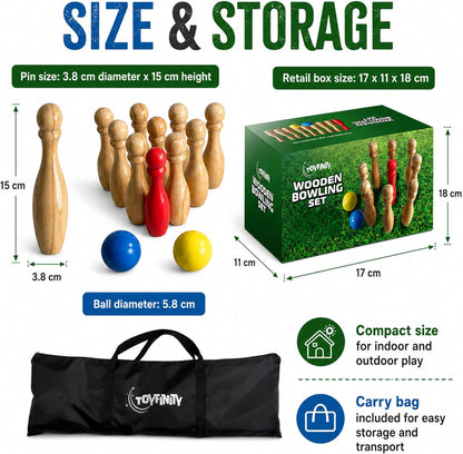 Wooden Bowling Set, FSC Wood Skittles Game with 9 Pins, 2 Balls and Carry Bag, Indoor Outdoor Family Garden Fun for Parties and Playtime