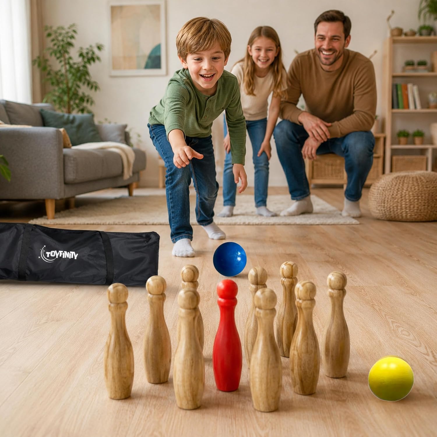 Wooden Bowling Set, FSC Wood Skittles Game with 9 Pins, 2 Balls and Carry Bag, Indoor Outdoor Family Garden Fun for Parties and Playtime