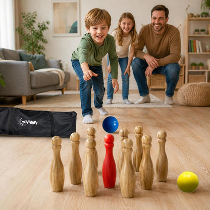 Wooden Bowling Set, FSC Wood Skittles Game with 9 Pins, 2 Balls and Carry Bag, Indoor Outdoor Family Garden Fun for Parties and Playtime