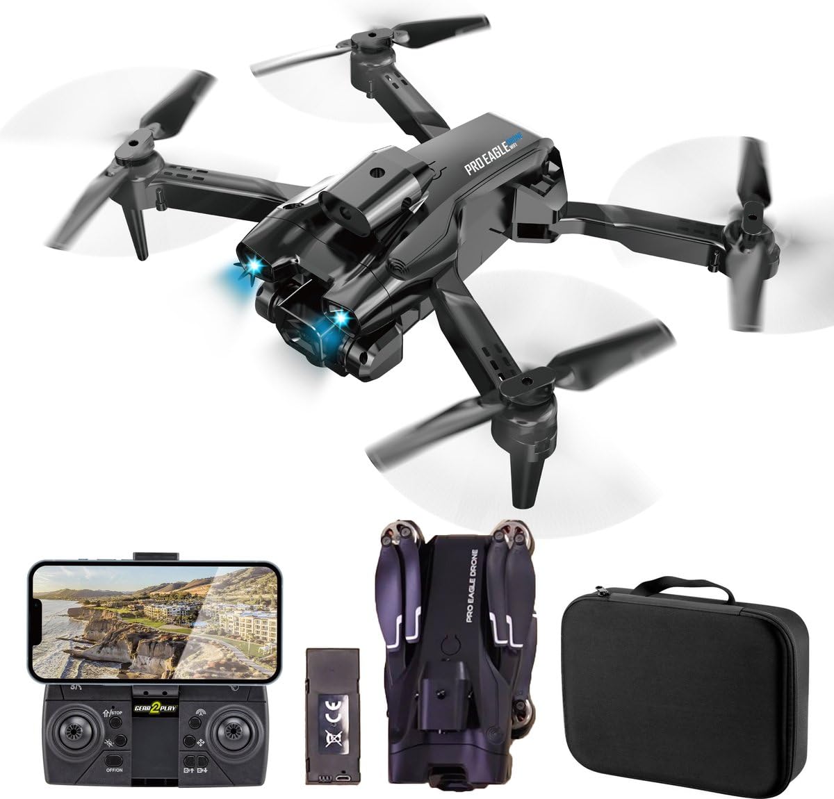Gear2Play Pro Eagle Drohne mit WiFi FPV Kamera, Dual Kameras, 360°-Flips, Headless Modus, Hindernis Erkennung, LED Beleuchtung, 2,4GHz Controller, Aufbewahrungskoffer
