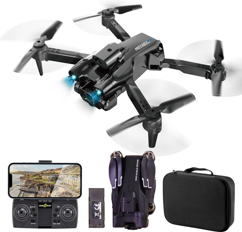 Gear2Play Pro Eagle Drohne mit WiFi FPV Kamera, Dual Kameras, 360°-Flips, Headless Modus, Hindernis Erkennung, LED Beleuchtung, 2,4GHz Controller, Aufbewahrungskoffer