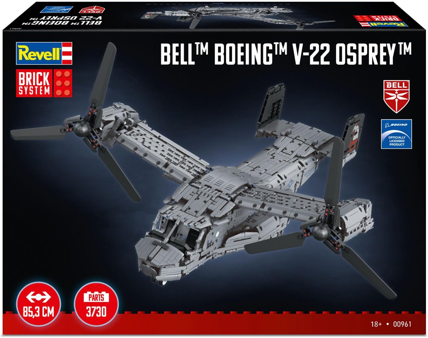 Revell Brick System 00961 Bell Boeing V-22 Osprey - Brick Model Kit - 1:25 Scale Unbuilt, 85.3cm in width, 3,730 Pieces, Includes Display Stand and Stickers For Decoration