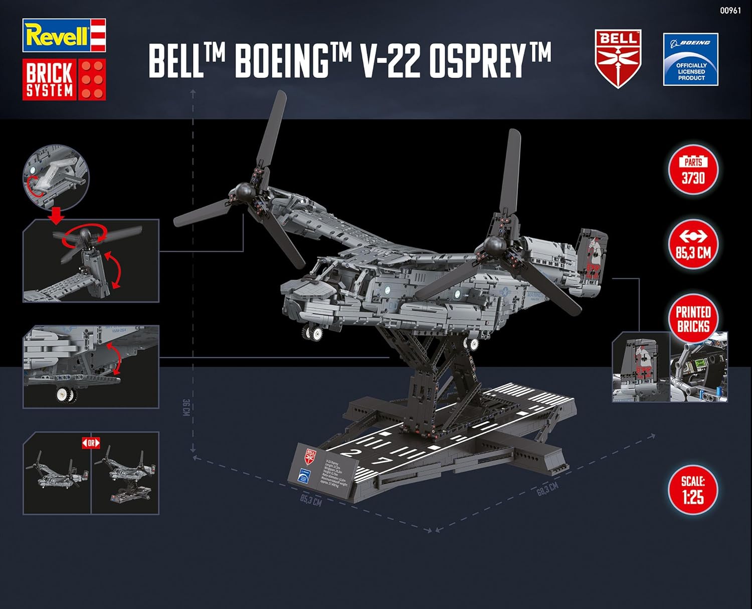 Revell Brick System 00961 Bell Boeing V-22 Osprey - Brick Model Kit - 1:25 Scale Unbuilt, 85.3cm in width, 3,730 Pieces, Includes Display Stand and Stickers For Decoration