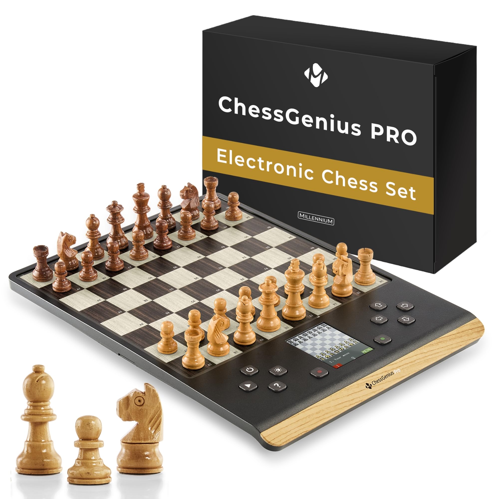 MILLENNIUM ChessGenius Pro Wood Edition chess computer - Elegant wooden look with real wooden pieces, user-friendly operation, mobile and versatile, ideal for hobby players with AI learning functions