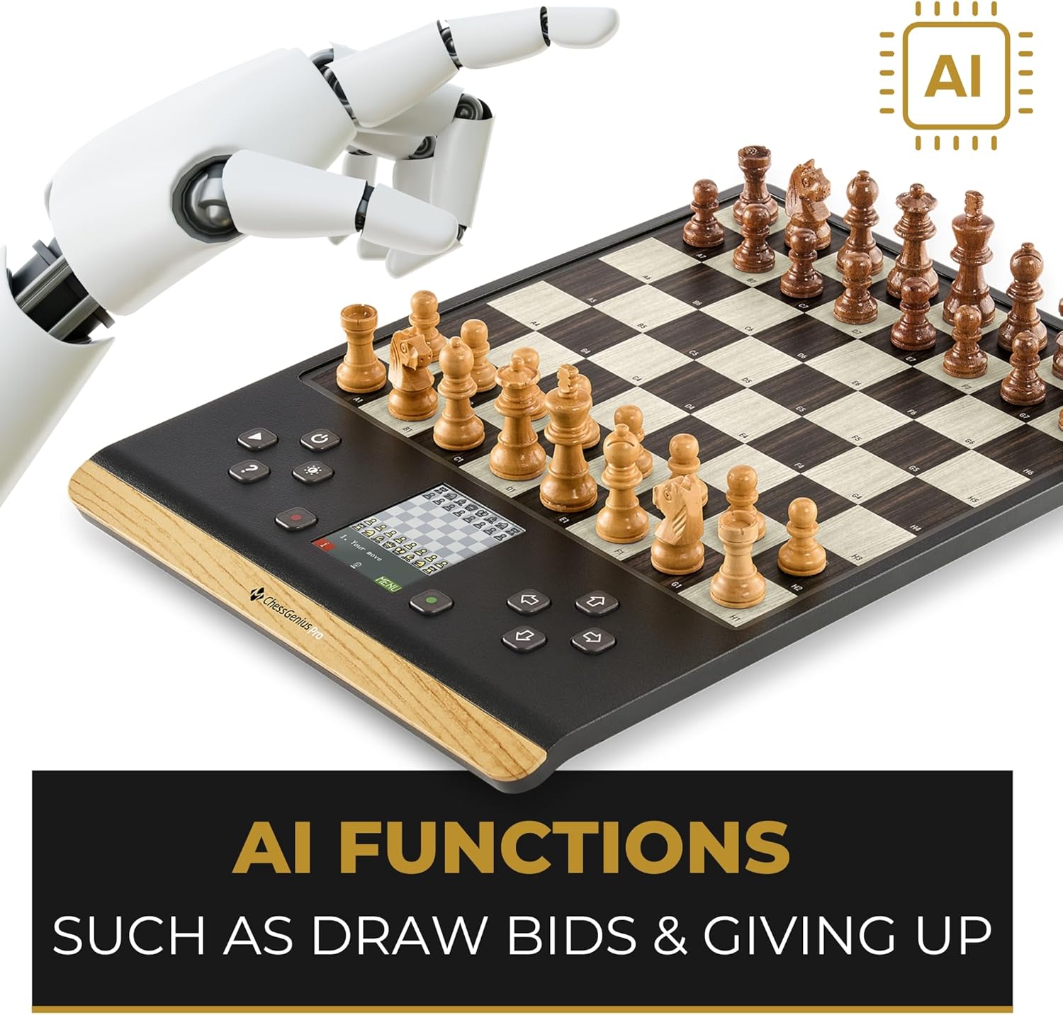 MILLENNIUM ChessGenius Pro Wood Edition chess computer - Elegant wooden look with real wooden pieces, user-friendly operation, mobile and versatile, ideal for hobby players with AI learning functions