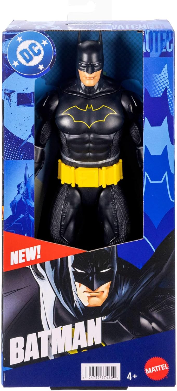 Mattel DC 12-Inch Batman Action Figure, Black Batsuit with Yellow Belt & Fabric Cape, Detailed Design & 7 Points of Articulation, JMD68