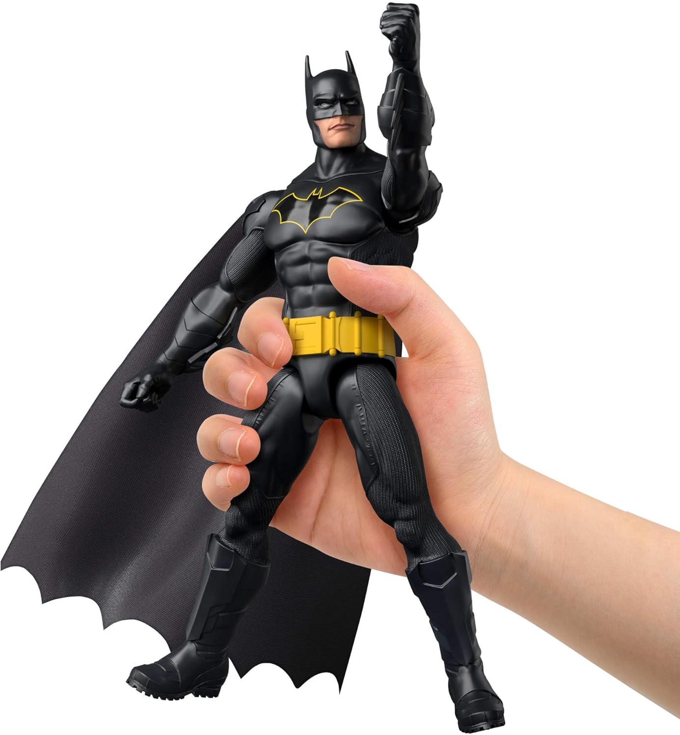 Mattel DC 12-Inch Batman Action Figure, Black Batsuit with Yellow Belt & Fabric Cape, Detailed Design & 7 Points of Articulation, JMD68
