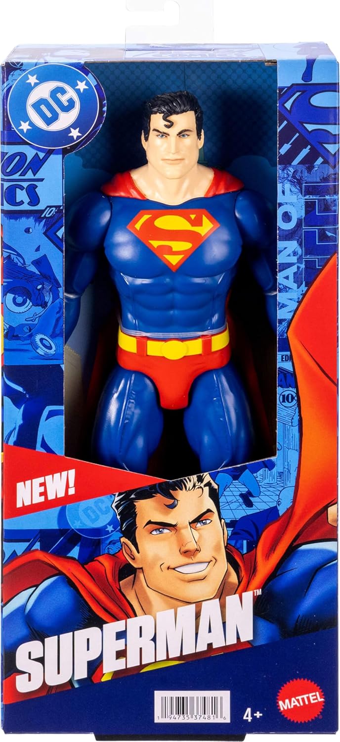 Mattel DC 12-Inch Superman Action Figure, Classic Red & Blue Super Suit with Fabric Cape, Detailed Design & 7 Points of Articulation, JMD69