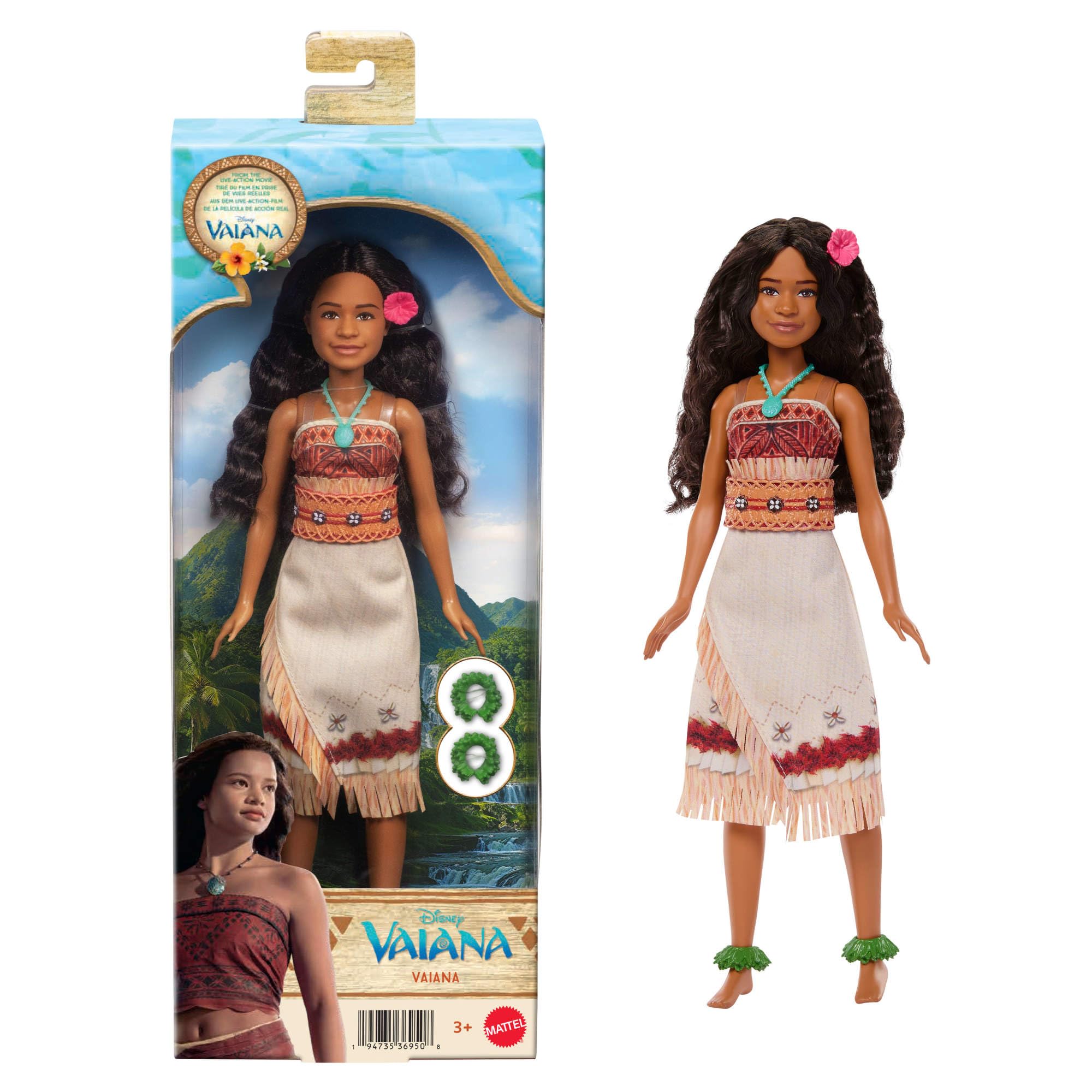 Mattel Disney Speelgoed, Vaiana pop met outfit die aan en uit kan, golvend haar en 4 accessoires, beweegbaar verzamelobject, geïnspireerd op live-actionfilm, JLV15