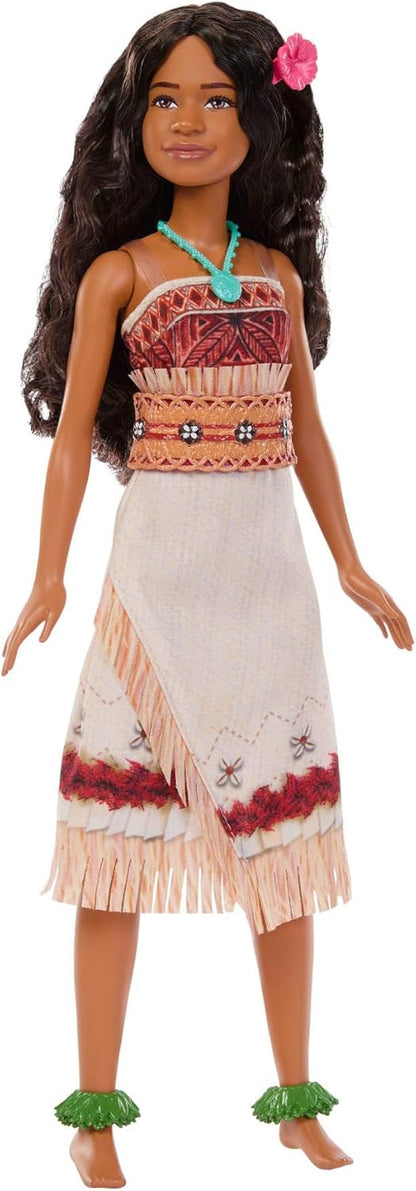 Mattel Disney Speelgoed, Vaiana pop met outfit die aan en uit kan, golvend haar en 4 accessoires, beweegbaar verzamelobject, geïnspireerd op live-actionfilm, JLV15