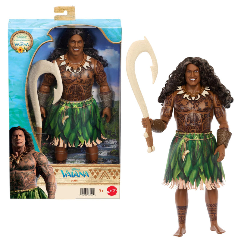 Mattel Disney Vaiana Maui, pop met outfit die aan en uit kan, krullend haar, vishaak en 3 accessoires, beweegbaar verzamelobject, geïnspireerd op live-actionfilm, JLV16