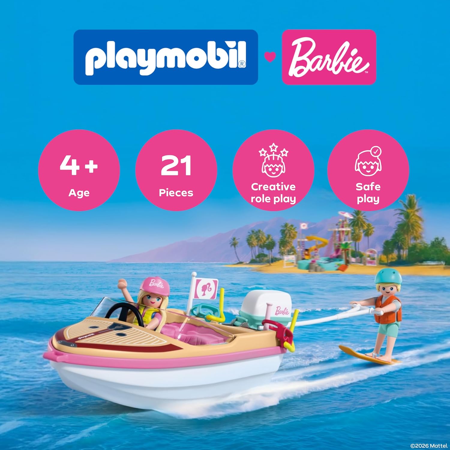 PLAYMOBIL Barbie Avonturenboot, speedboot met Barbie & Ken, wakeboard en snorkelactie voor kinderen, Malibu zomergevoel en wateravontuur, creatieve speelset voor kinderen vanaf 4 jaar, 72122