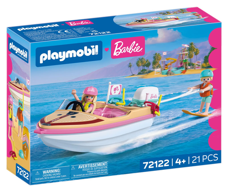 PLAYMOBIL Barbie Avonturenboot, speedboot met Barbie & Ken, wakeboard en snorkelactie voor kinderen, Malibu zomergevoel en wateravontuur, creatieve speelset voor kinderen vanaf 4 jaar, 72122
