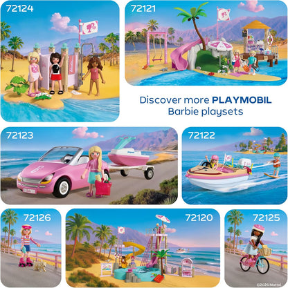 PLAYMOBIL Barbie Avonturenboot, speedboot met Barbie & Ken, wakeboard en snorkelactie voor kinderen, Malibu zomergevoel en wateravontuur, creatieve speelset voor kinderen vanaf 4 jaar, 72122