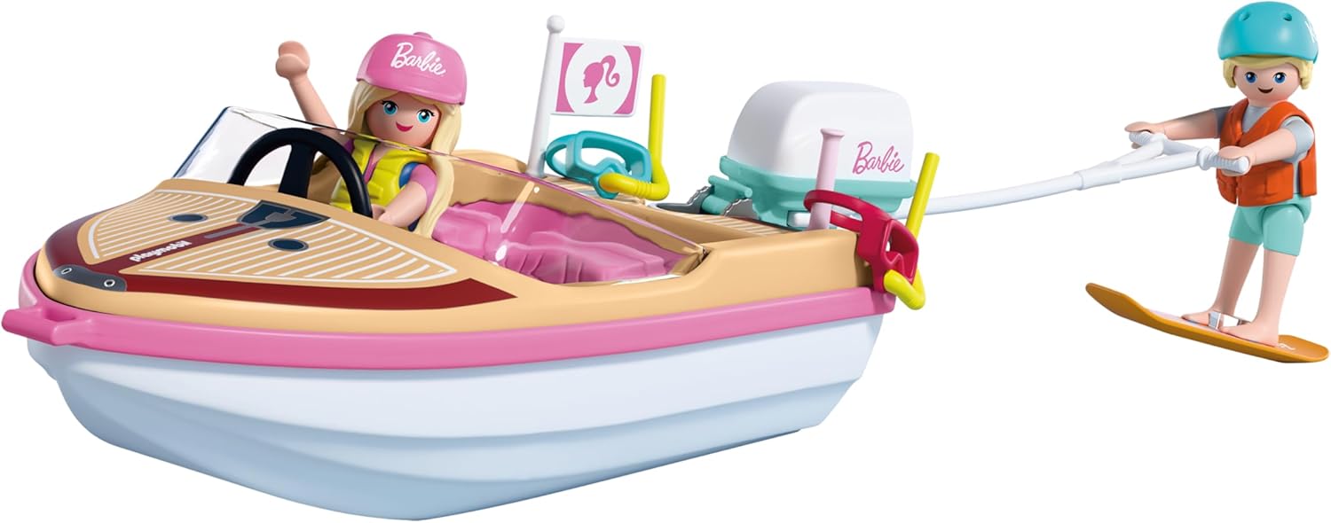 PLAYMOBIL Barbie Avonturenboot, speedboot met Barbie & Ken, wakeboard en snorkelactie voor kinderen, Malibu zomergevoel en wateravontuur, creatieve speelset voor kinderen vanaf 4 jaar, 72122