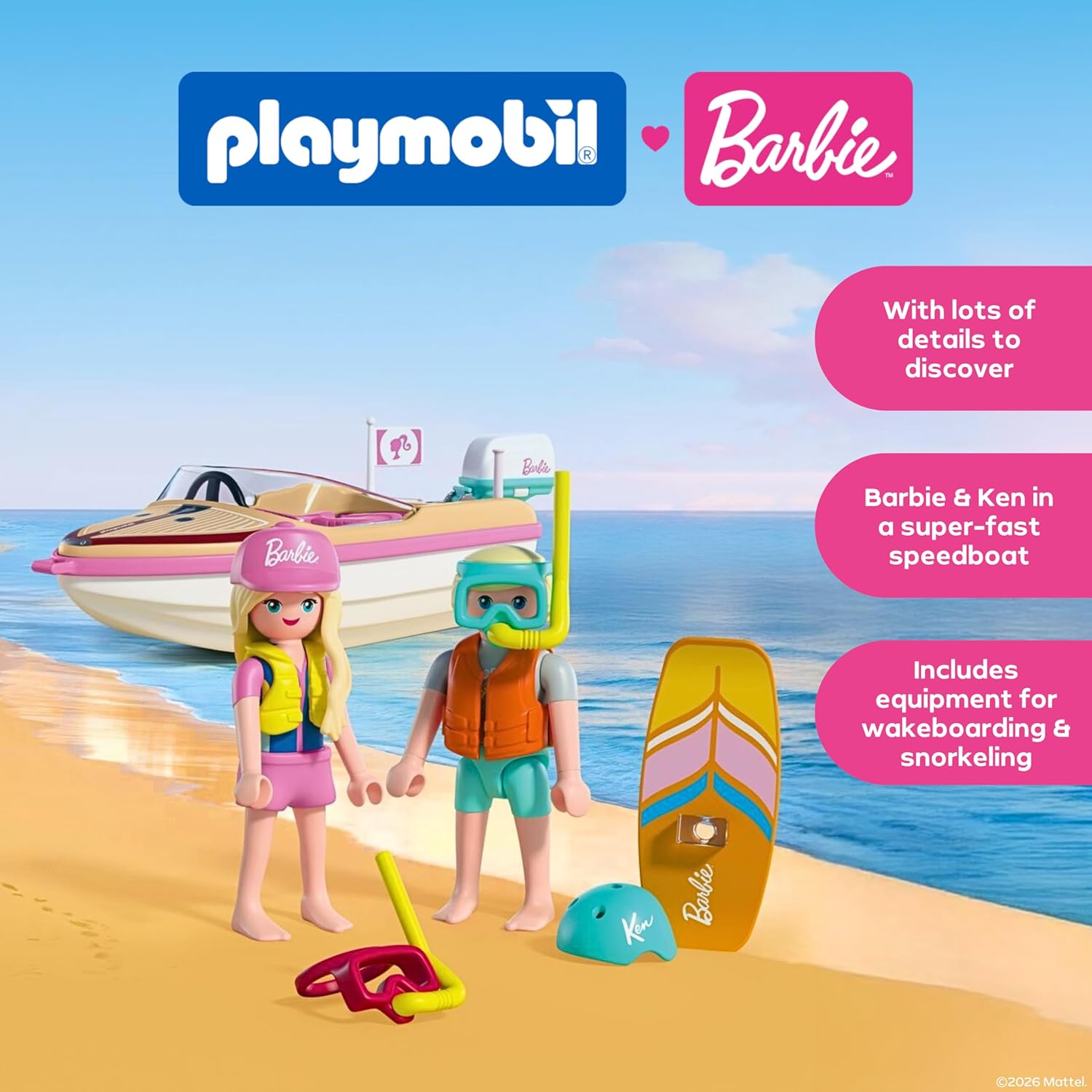 PLAYMOBIL Barbie Avonturenboot, speedboot met Barbie & Ken, wakeboard en snorkelactie voor kinderen, Malibu zomergevoel en wateravontuur, creatieve speelset voor kinderen vanaf 4 jaar, 72122