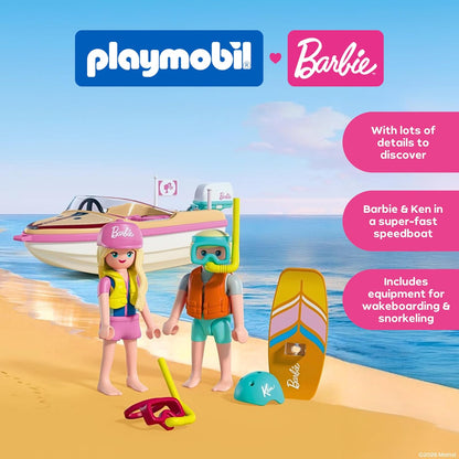 PLAYMOBIL Barbie Avonturenboot, speedboot met Barbie & Ken, wakeboard en snorkelactie voor kinderen, Malibu zomergevoel en wateravontuur, creatieve speelset voor kinderen vanaf 4 jaar, 72122