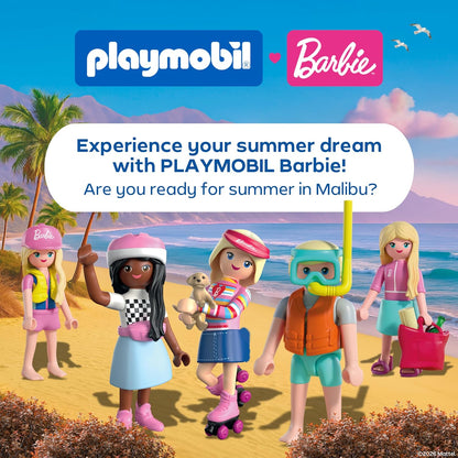 PLAYMOBIL Barbie Cabrio 72123 Cabrio met aanhanger en jetski, zomeravonturen met Barbie aan de kust van Malibu, voertuig- en waterplezier, creatieve speelset voor kinderen vanaf 4 jaar
