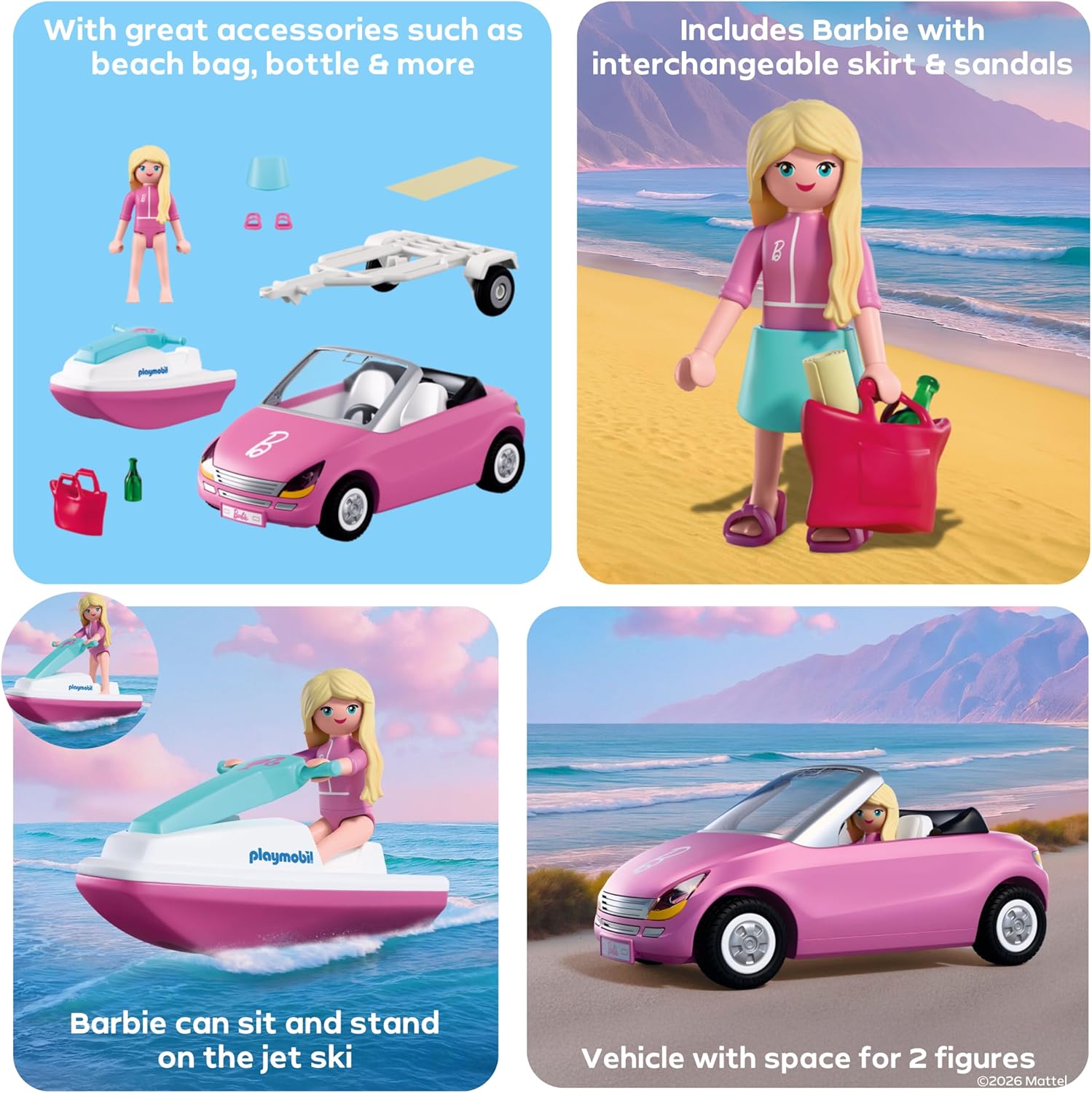 PLAYMOBIL Barbie Cabrio 72123 Cabrio met aanhanger en jetski, zomeravonturen met Barbie aan de kust van Malibu, voertuig- en waterplezier, creatieve speelset voor kinderen vanaf 4 jaar