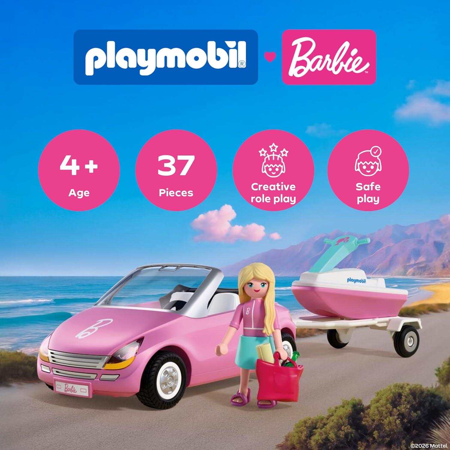 PLAYMOBIL Barbie Cabrio 72123 Cabrio met aanhanger en jetski, zomeravonturen met Barbie aan de kust van Malibu, voertuig- en waterplezier, creatieve speelset voor kinderen vanaf 4 jaar