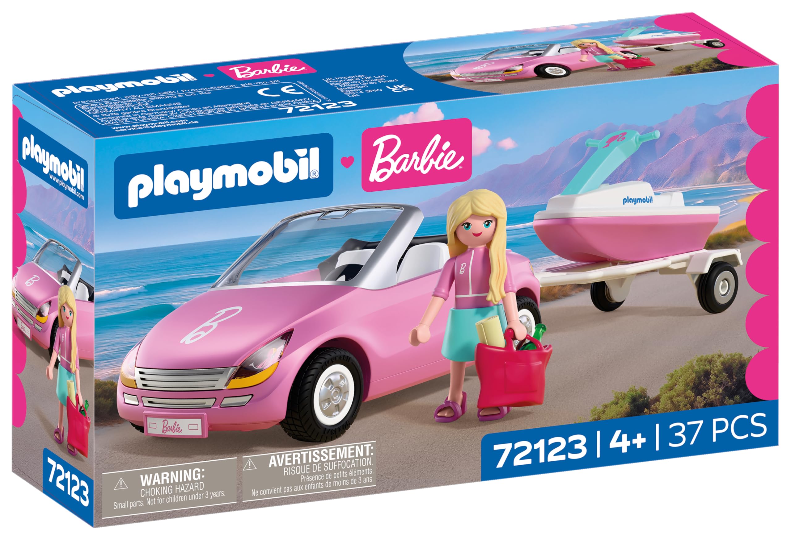 PLAYMOBIL Barbie Cabrio 72123 Cabrio met aanhanger en jetski, zomeravonturen met Barbie aan de kust van Malibu, voertuig- en waterplezier, creatieve speelset voor kinderen vanaf 4 jaar