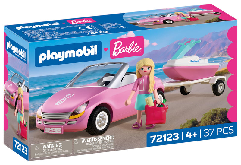 PLAYMOBIL Barbie Cabrio 72123 Cabrio met aanhanger en jetski, zomeravonturen met Barbie aan de kust van Malibu, voertuig- en waterplezier, creatieve speelset voor kinderen vanaf 4 jaar