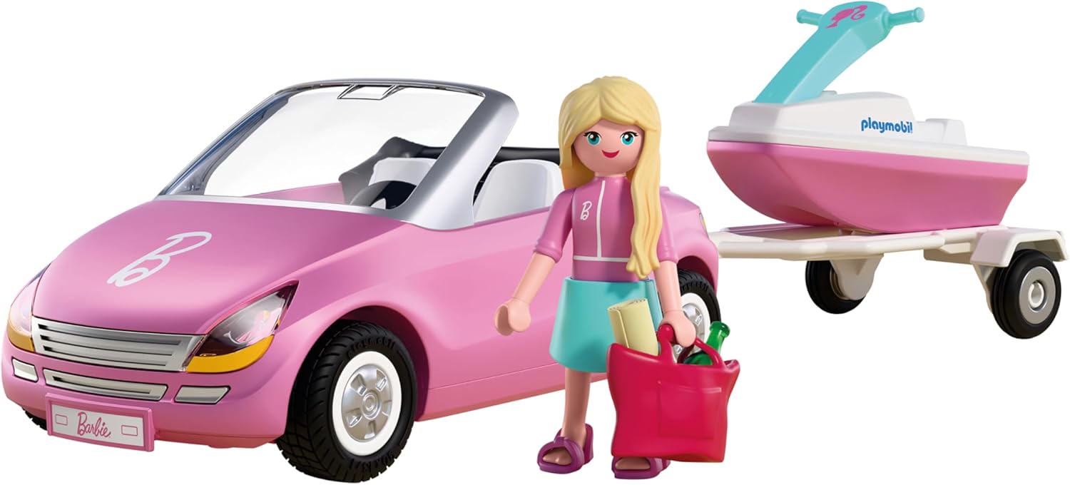 PLAYMOBIL Barbie Cabrio 72123 Cabrio met aanhanger en jetski, zomeravonturen met Barbie aan de kust van Malibu, voertuig- en waterplezier, creatieve speelset voor kinderen vanaf 4 jaar