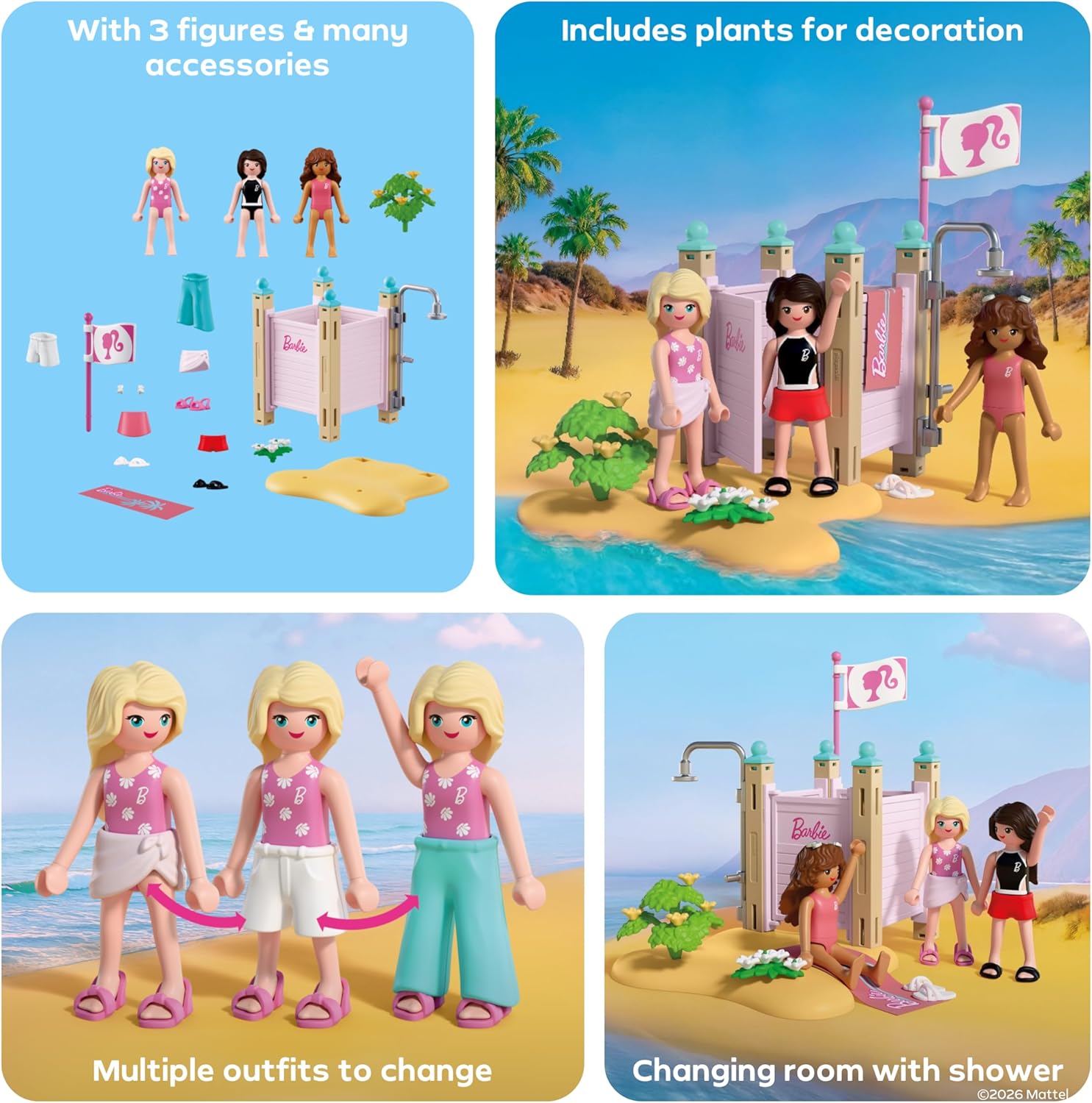 PLAYMOBIL Barbie strandmode, kleedcabine en douche met Barbie, Teresa & Renee, stijlvolle strandlooks en Malibu-zomergevoel, bevordert rollenspel en creativiteit, voor kinderen vanaf 4 jaar, 72124