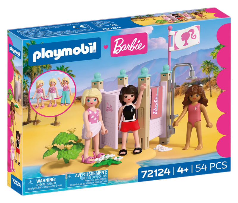 PLAYMOBIL Barbie strandmode, kleedcabine en douche met Barbie, Teresa & Renee, stijlvolle strandlooks en Malibu-zomergevoel, bevordert rollenspel en creativiteit, voor kinderen vanaf 4 jaar, 72124