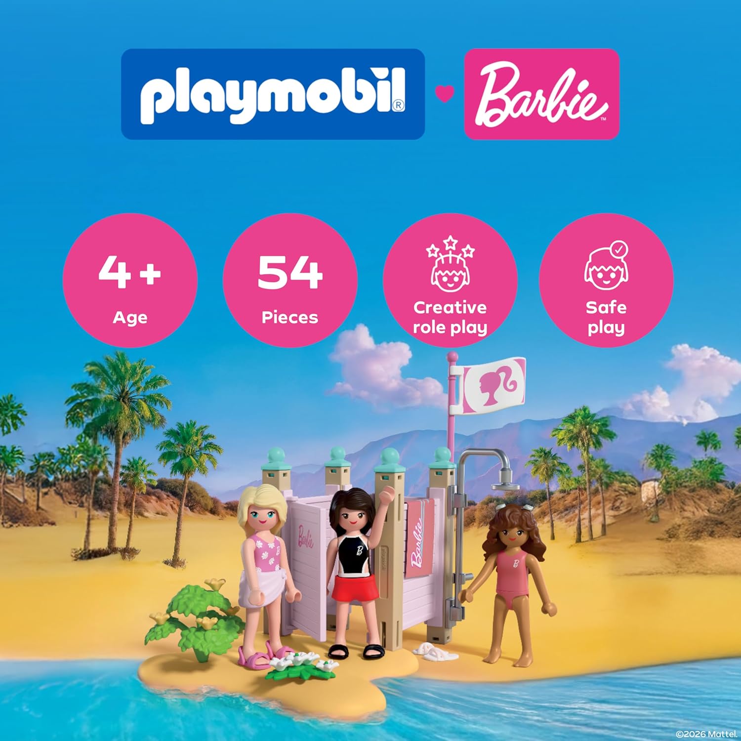 PLAYMOBIL Barbie strandmode, kleedcabine en douche met Barbie, Teresa & Renee, stijlvolle strandlooks en Malibu-zomergevoel, bevordert rollenspel en creativiteit, voor kinderen vanaf 4 jaar, 72124