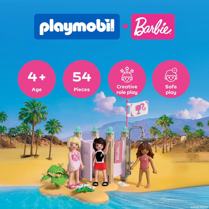 PLAYMOBIL Barbie strandmode, kleedcabine en douche met Barbie, Teresa & Renee, stijlvolle strandlooks en Malibu-zomergevoel, bevordert rollenspel en creativiteit, voor kinderen vanaf 4 jaar, 72124