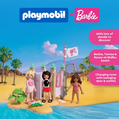 PLAYMOBIL Barbie strandmode, kleedcabine en douche met Barbie, Teresa & Renee, stijlvolle strandlooks en Malibu-zomergevoel, bevordert rollenspel en creativiteit, voor kinderen vanaf 4 jaar, 72124
