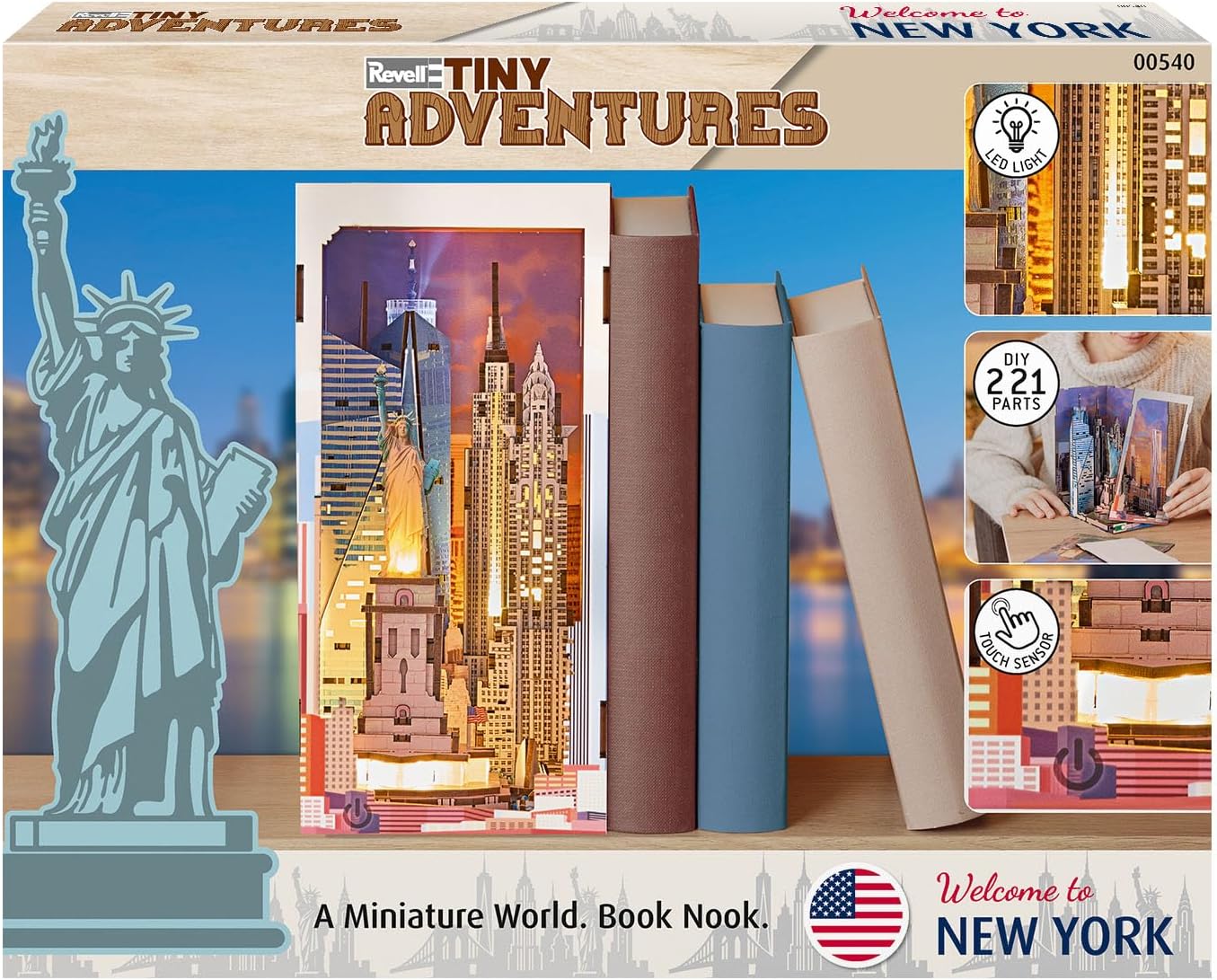 Revell Tiny Adventures Tiny Adventures - New York Book Nook - With LED Lighting, 3D Miniature DIY Wooden Craft