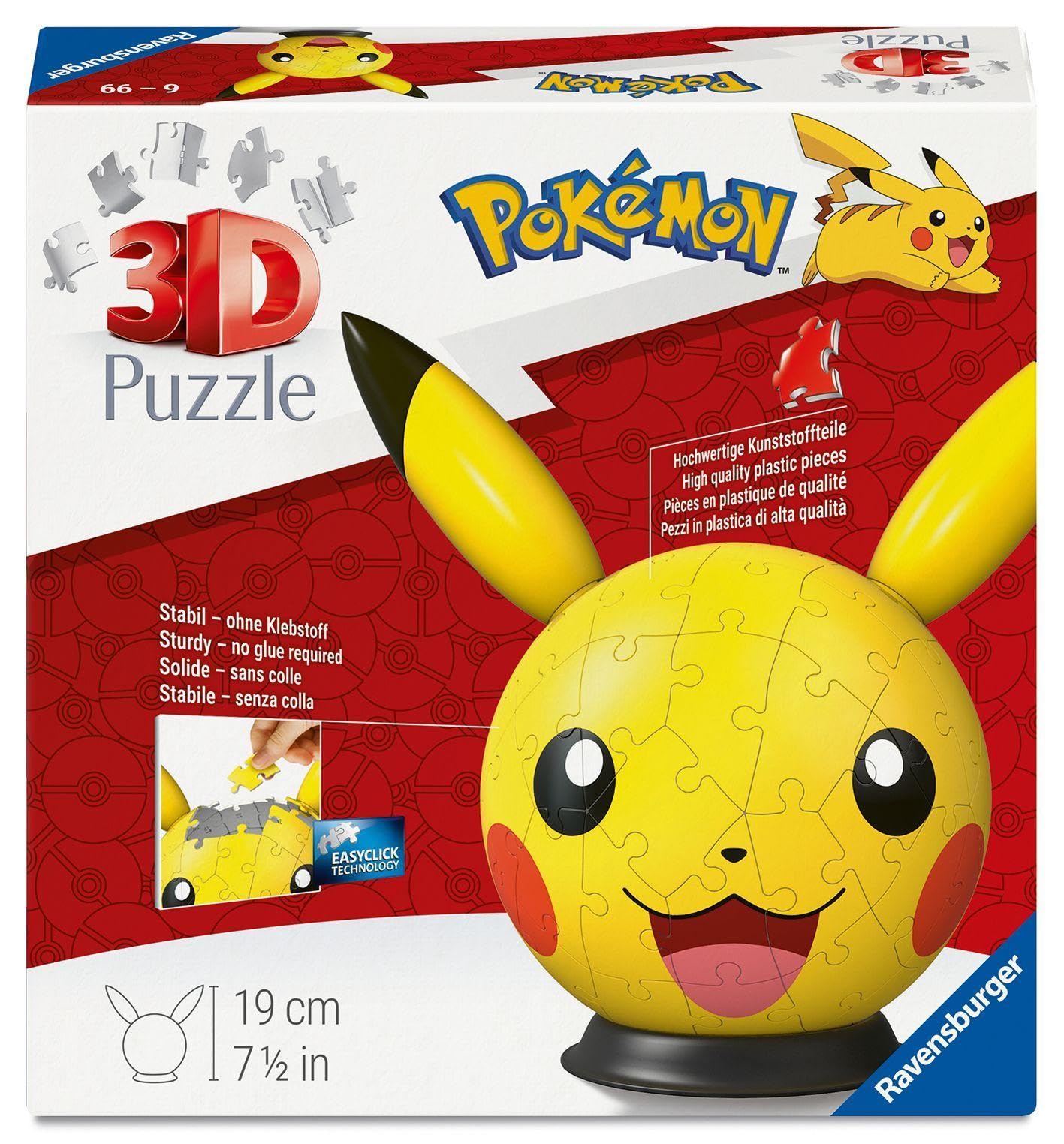 Ravensburger 3D Puzzle 12008076 - Puzzle-Ball Pikachu - Puzzleball mit ansteckbaren Ohren - für kleine und große Pokémon Fans ab 6 Jahren