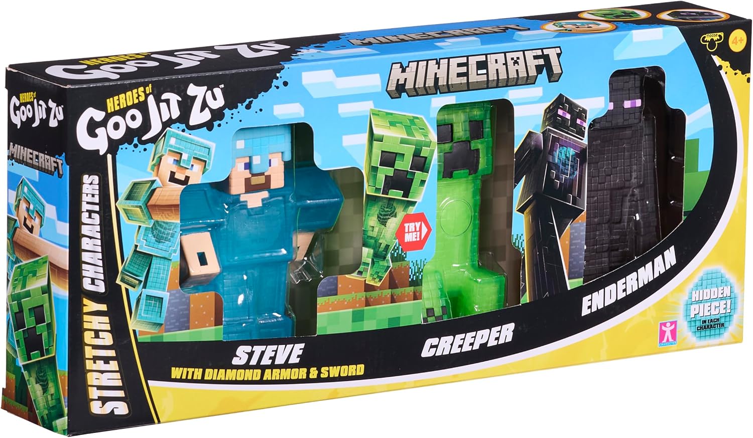 Heroes of Goo Jit Zu Minecraft Actionfigures 3 Pack - Creeper, Steve, Enderman - Stretchy and Bendable toy-figures for Minecraft fans 4+ years.