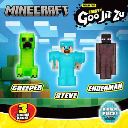Heroes of Goo Jit Zu Minecraft Actionfigures 3 Pack - Creeper, Steve, Enderman - Stretchy and Bendable toy-figures for Minecraft fans 4+ years.
