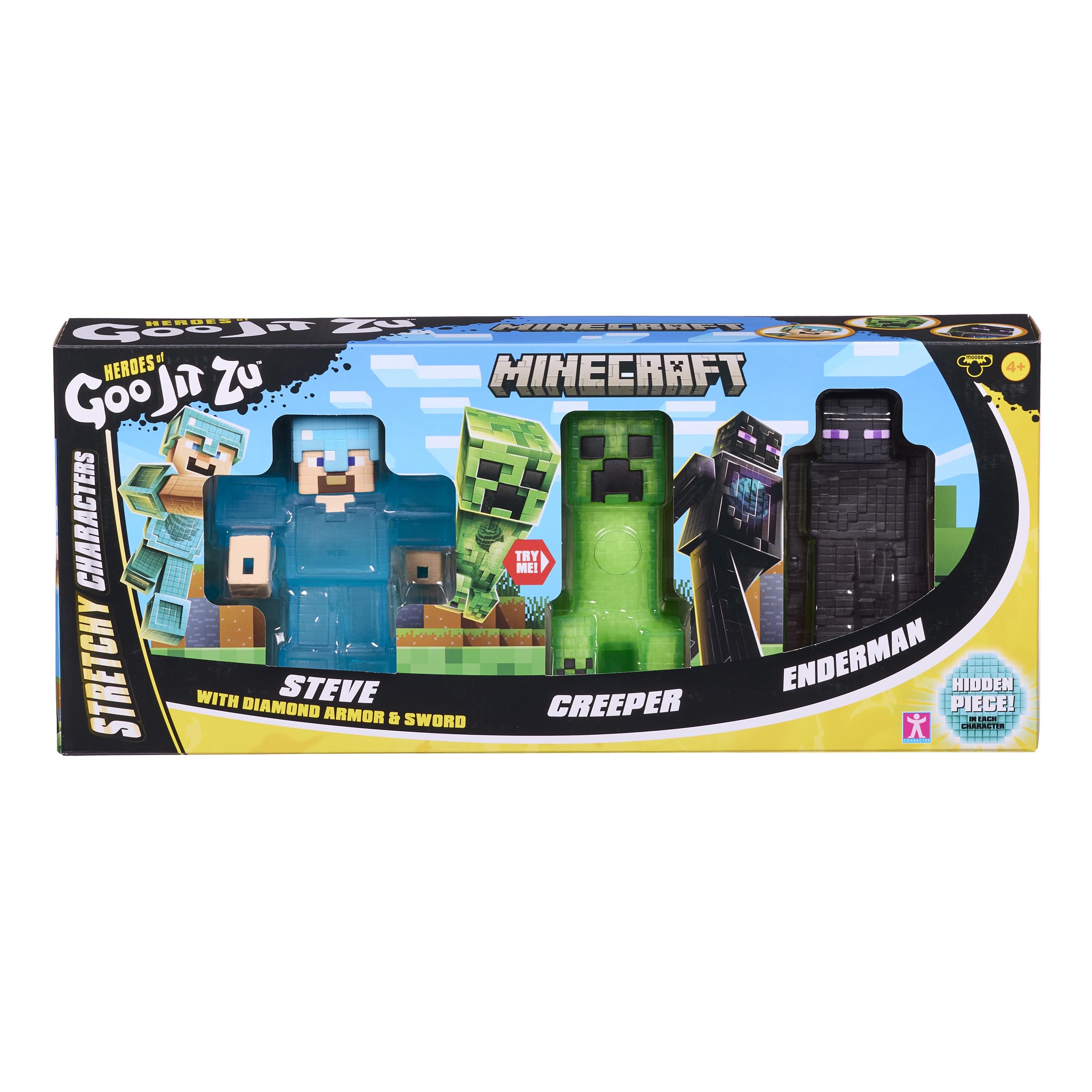 Heroes of Goo Jit Zu Minecraft Actionfigures 3 Pack - Creeper, Steve, Enderman - Stretchy and Bendable toy-figures for Minecraft fans 4+ years.