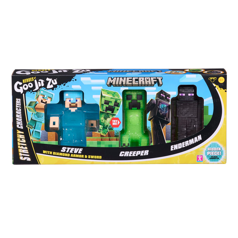 Heroes of Goo Jit Zu Minecraft Actionfigures 3 Pack - Creeper, Steve, Enderman - Stretchy and Bendable toy-figures for Minecraft fans 4+ years.