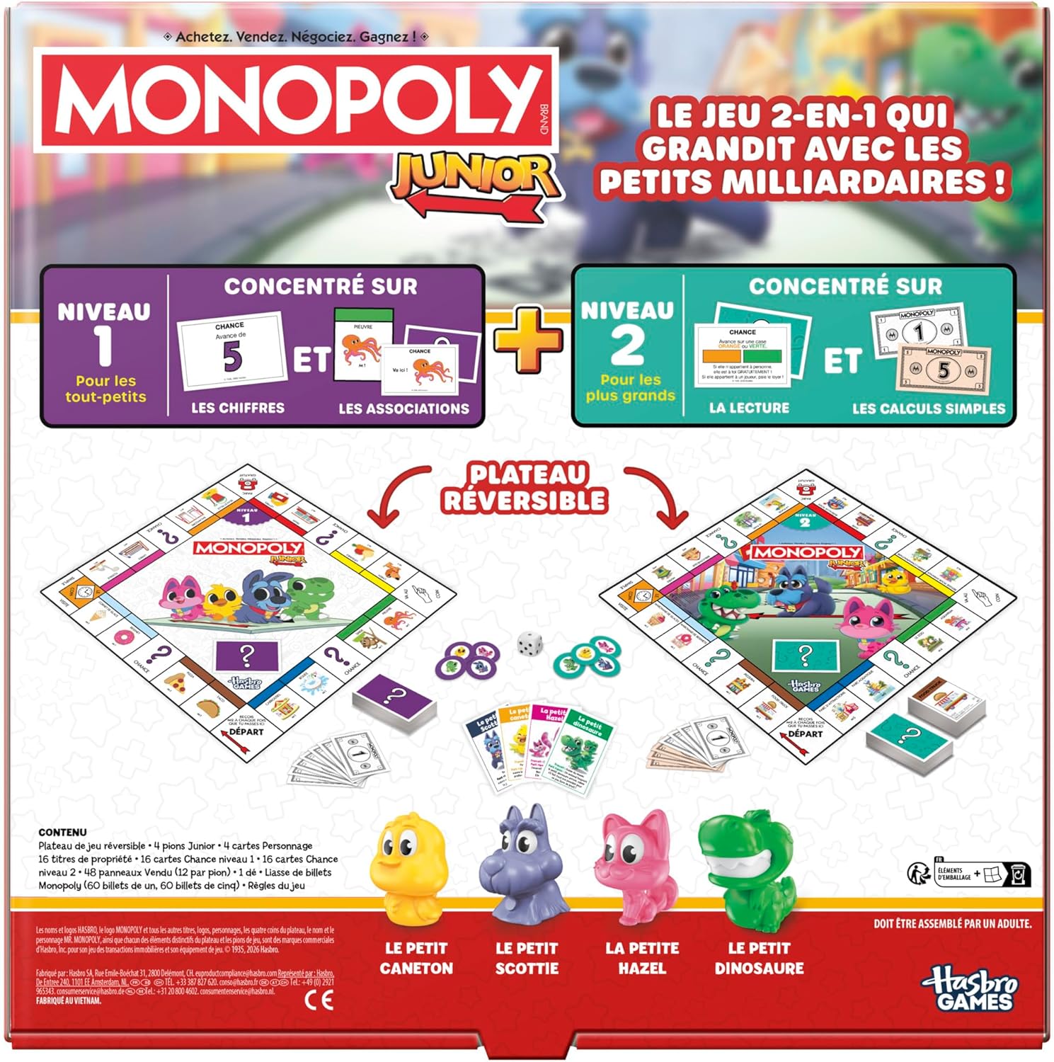Monopoly Junior (Ausgabe 2026), Brettspiel | 2 Spiele in 1, Wendebrett | Ab 4 Jahren | 2 bis 4 Spieler | 20 Min. | Geschenke für Kleinkinder | Französische Version