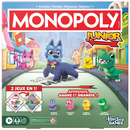 Monopoly Junior (Ausgabe 2026), Brettspiel | 2 Spiele in 1, Wendebrett | Ab 4 Jahren | 2 bis 4 Spieler | 20 Min. | Geschenke für Kleinkinder | Französische Version