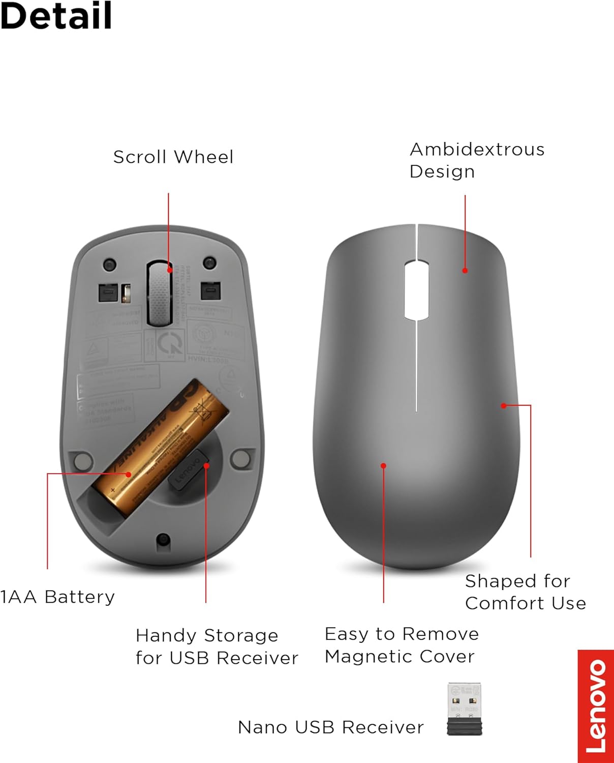 Lenovo 530 Mouse wireless - Sensore ottico 1200 dpi, design ambidestro, 2,4 GHz, 3 tasti, batteria fino a 12 mesi - Colore grafite