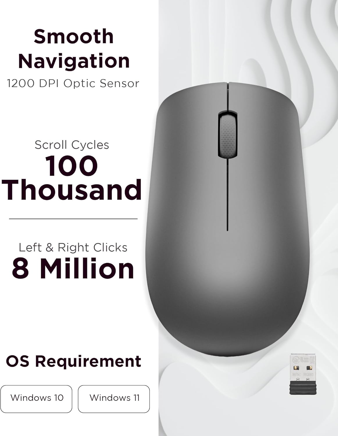Lenovo 530 Mouse wireless - Sensore ottico 1200 dpi, design ambidestro, 2,4 GHz, 3 tasti, batteria fino a 12 mesi - Colore grafite