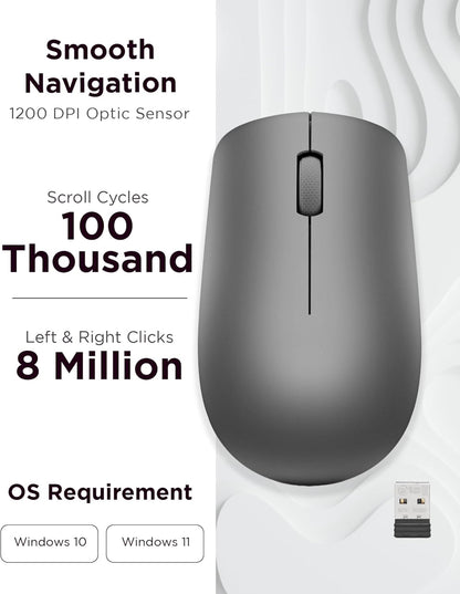 Lenovo 530 Mouse wireless - Sensore ottico 1200 dpi, design ambidestro, 2,4 GHz, 3 tasti, batteria fino a 12 mesi - Colore grafite